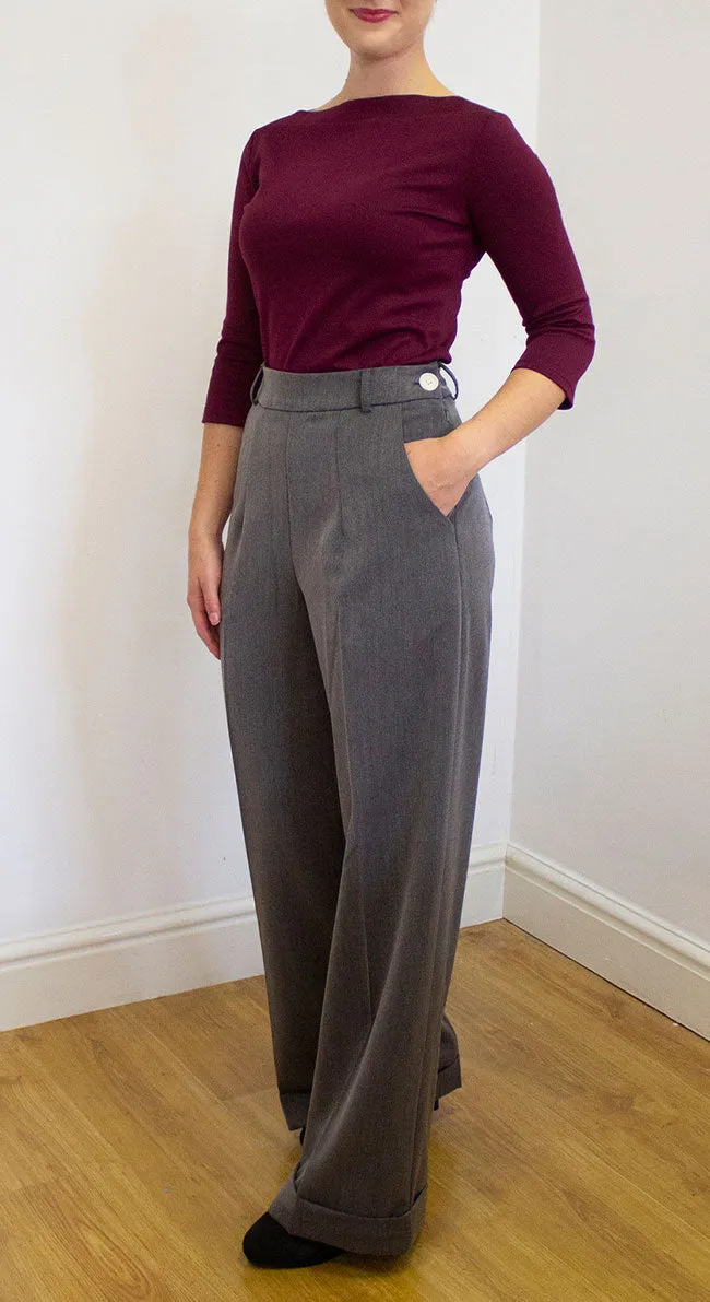 1930s and 40s Classic High Waist Wide Leg Trousers In Grey