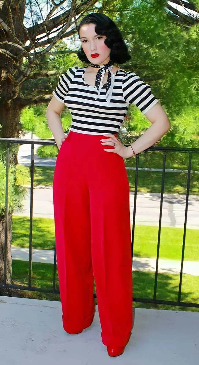 1930s and 40s Classic High Waist Wide Leg Trousers In Red