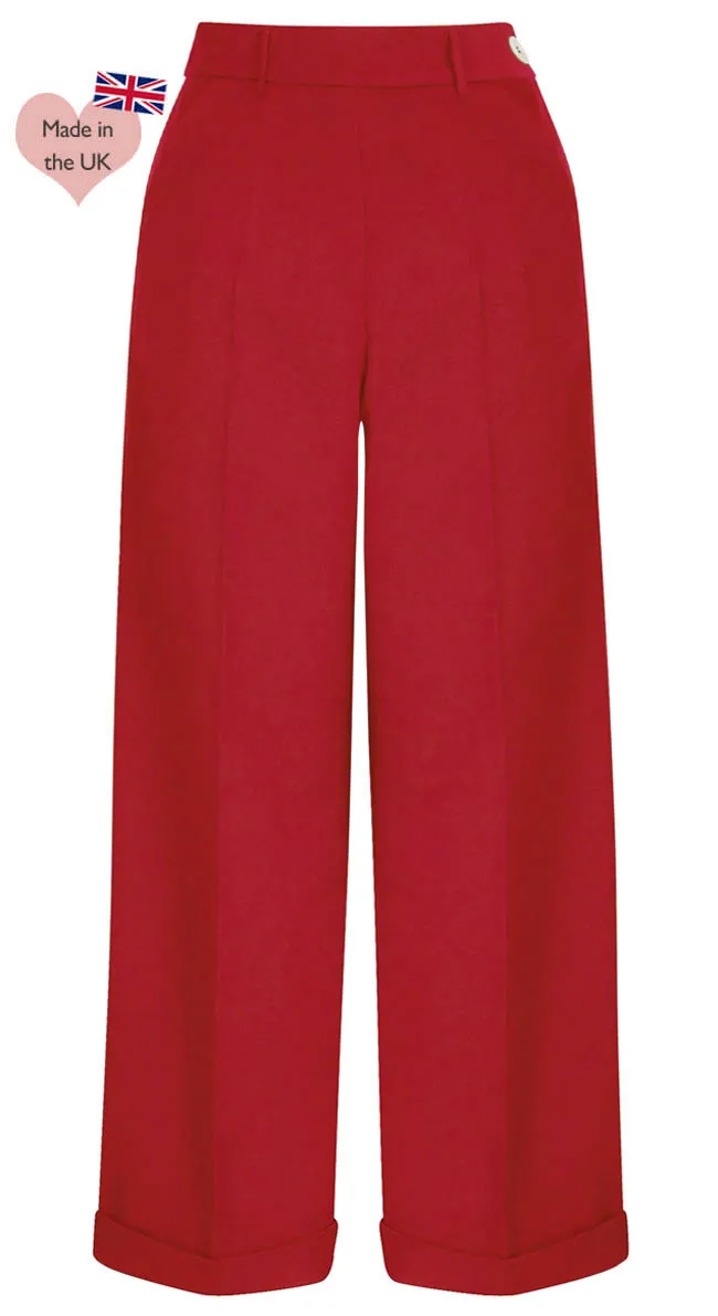 1930s and 40s Classic High Waist Wide Leg Trousers In Red