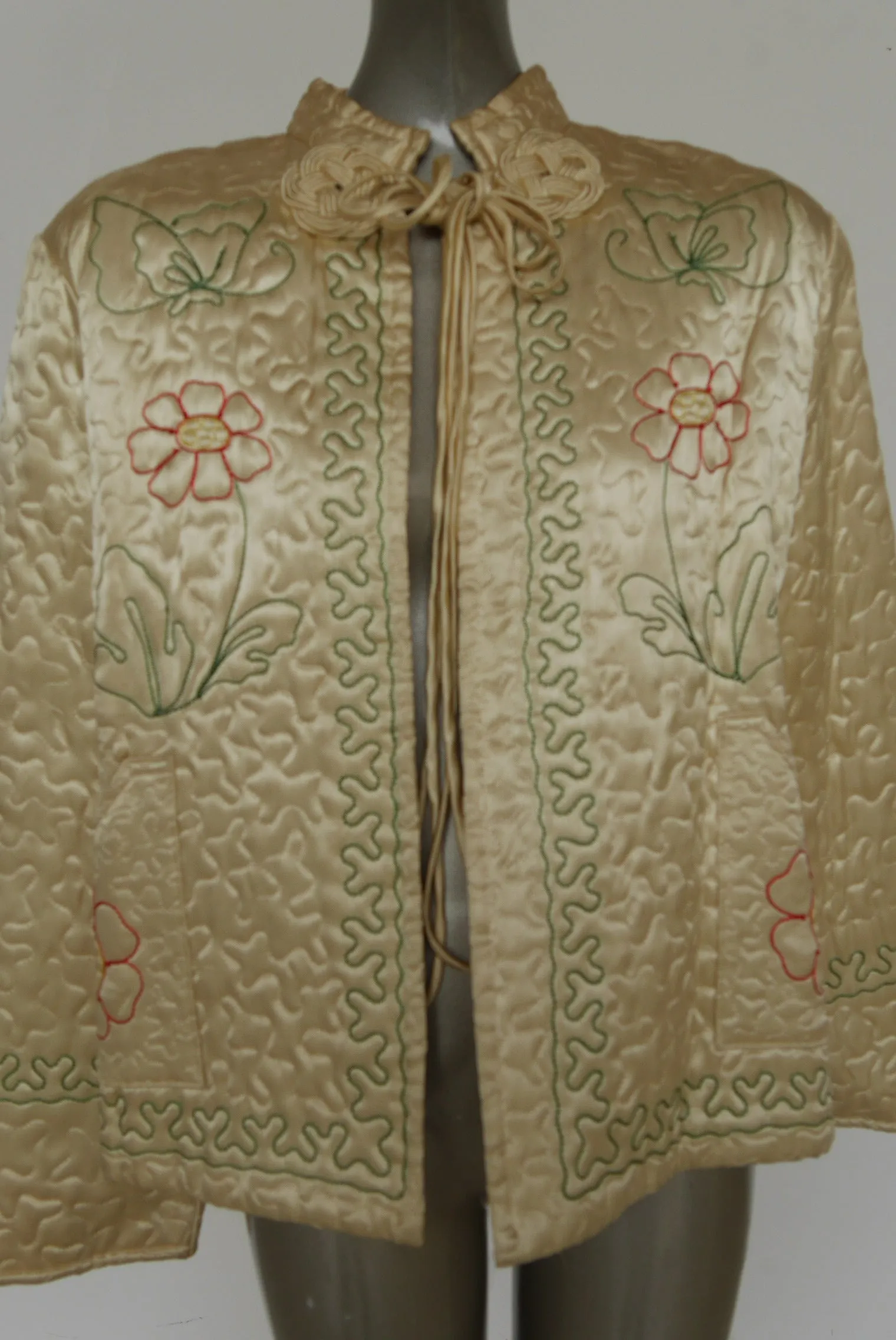 1940s silk satin bed jacket with amazing embroidery and huge bell sleeves