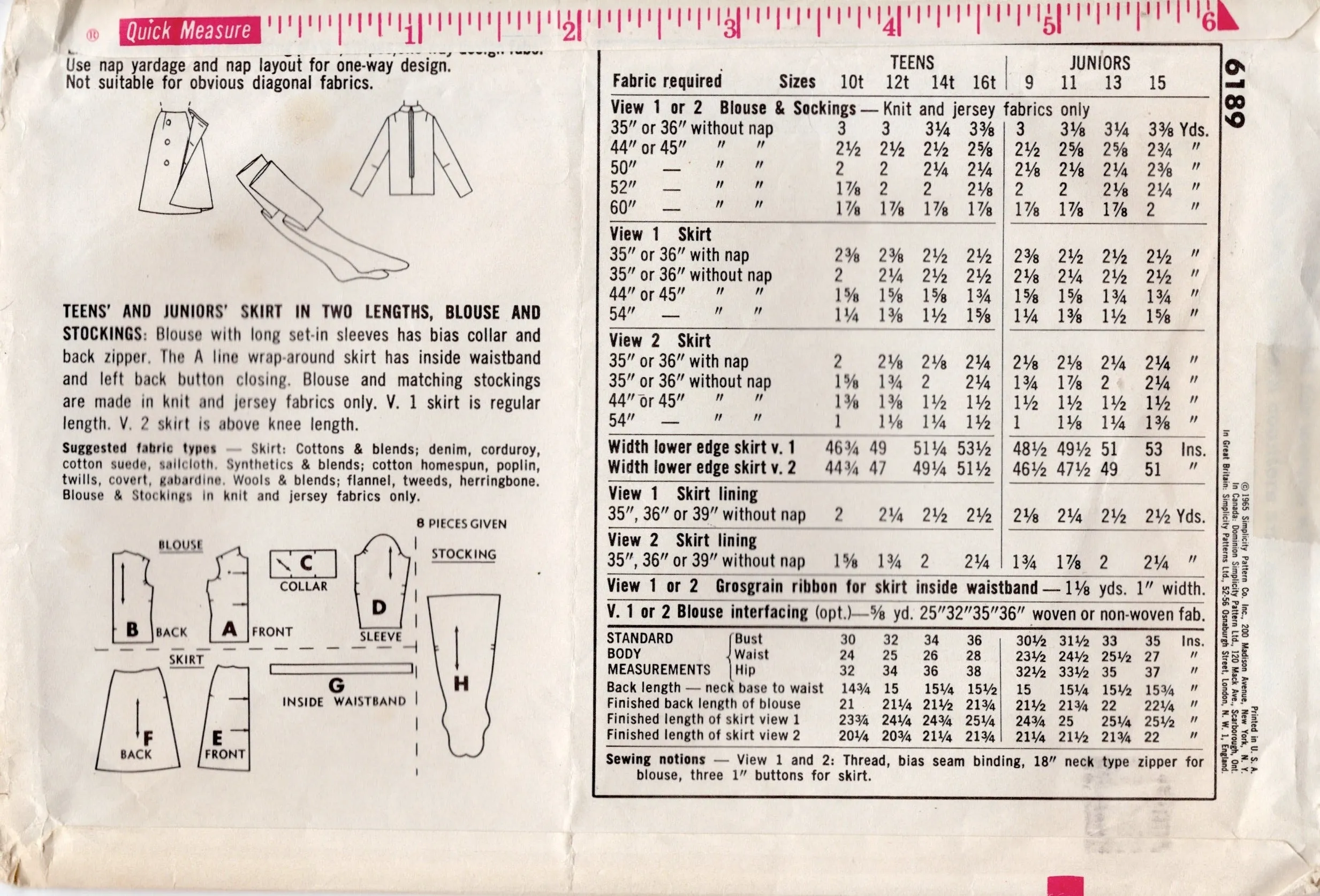 1960's Simplicity Blouse, Leggings and Back Wrapped Skirt Pattern - Bust 33" - No. 6189