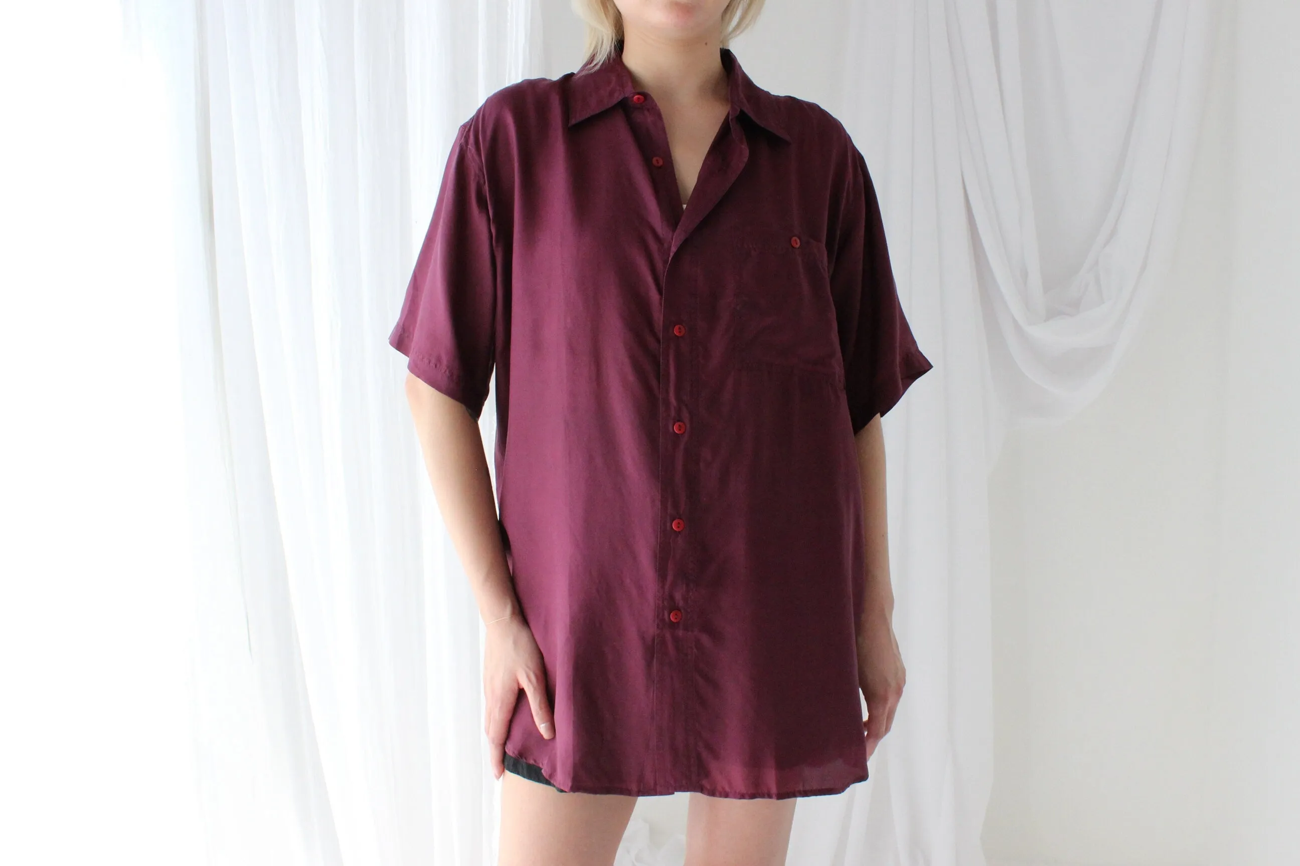 80s PURE SILK Aubergine Boxy Shirt