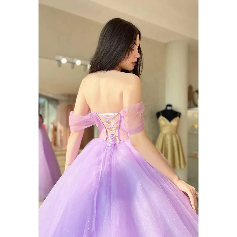 A-Line Off-Shoulder Tulle Backless Sleeveless Prom Evening Formal Dress