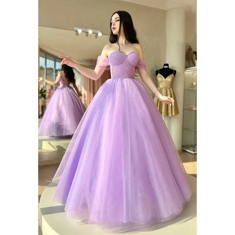 A-Line Off-Shoulder Tulle Backless Sleeveless Prom Evening Formal Dress