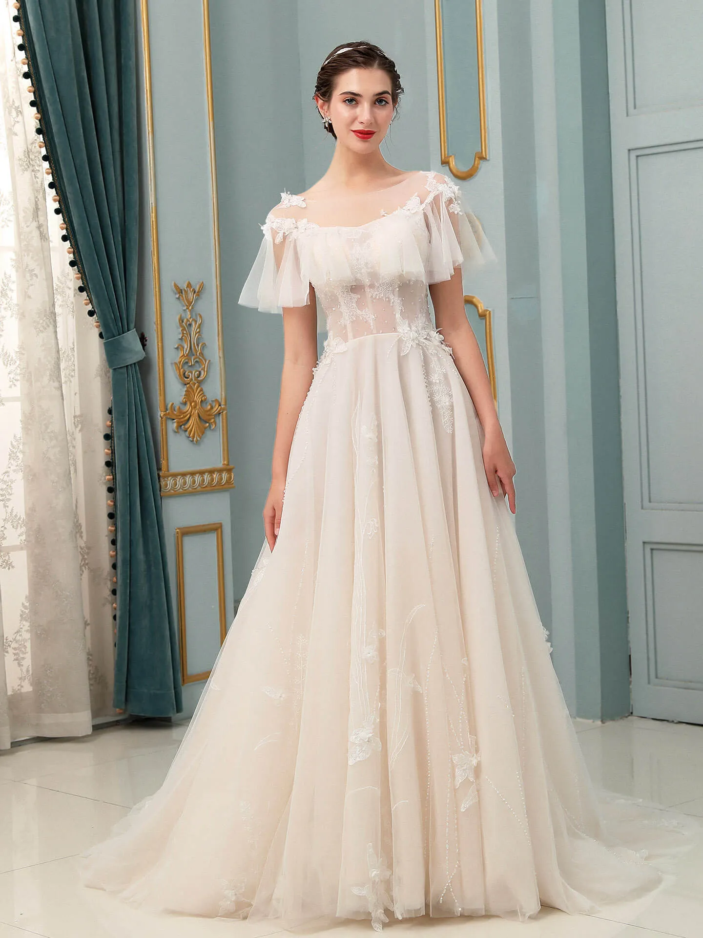 A-line Tulle Lace Applique Wedding Dresses Floor Length Short Sleeve