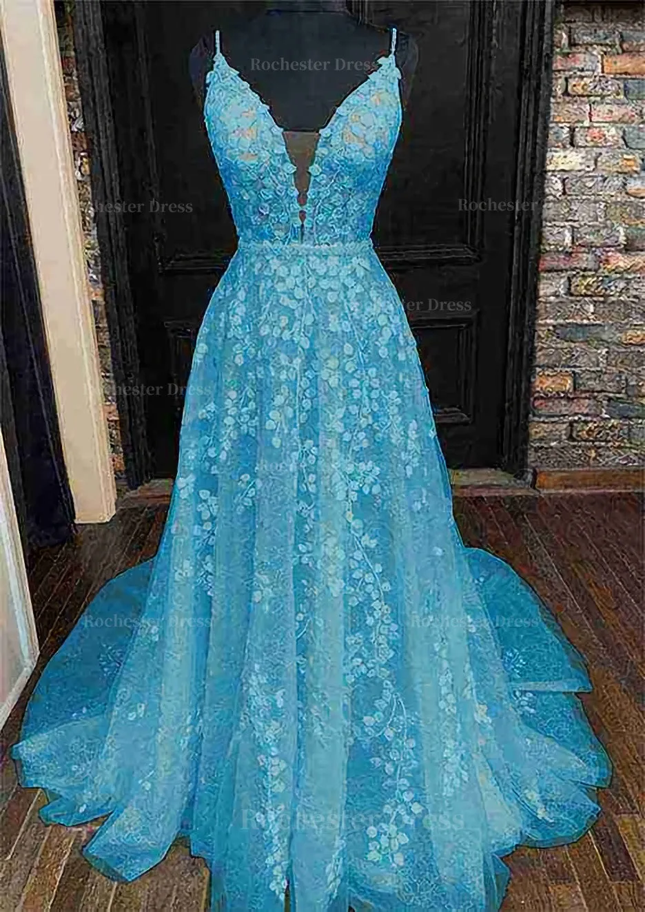 A-line V Neck Sleeveless Lace Court Train Prom Dress With Pleated