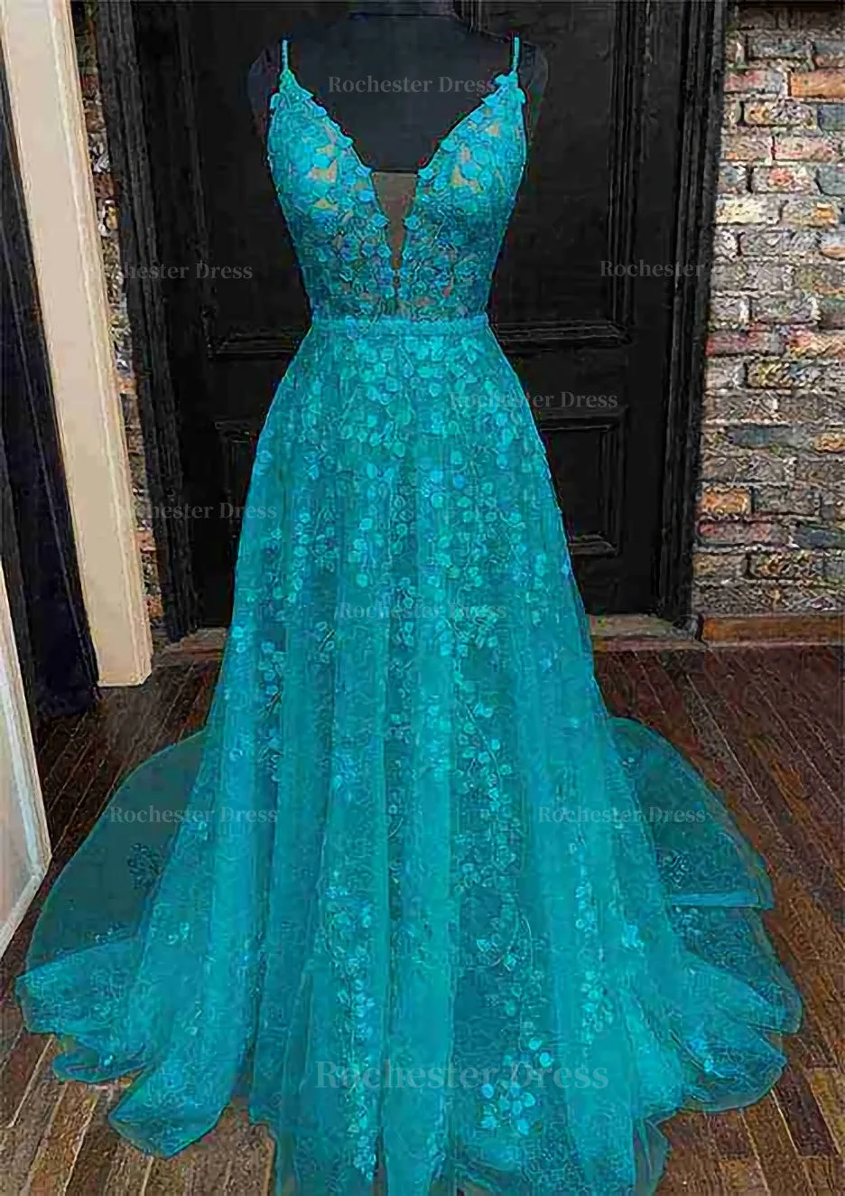 A-line V Neck Sleeveless Lace Court Train Prom Dress With Pleated