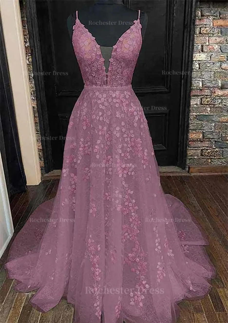 A-line V Neck Sleeveless Lace Court Train Prom Dress With Pleated