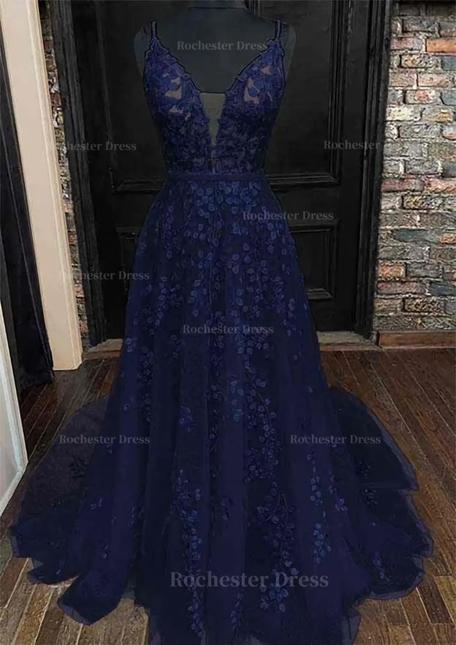 A-line V Neck Sleeveless Lace Court Train Prom Dress With Pleated