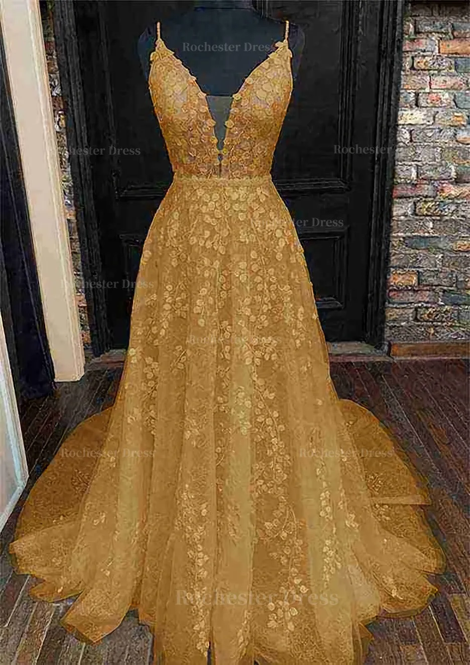 A-line V Neck Sleeveless Lace Court Train Prom Dress With Pleated