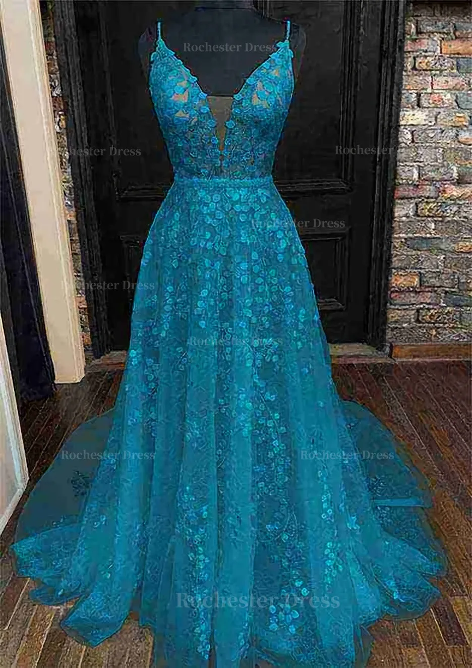 A-line V Neck Sleeveless Lace Court Train Prom Dress With Pleated