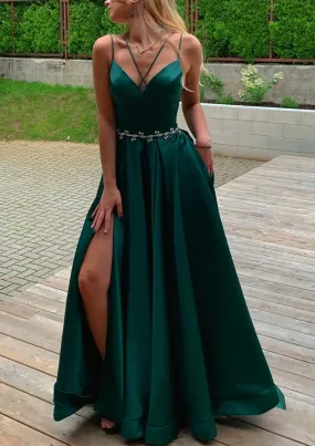 A-line V Neck Sleeveless Satin Sweep Train Prom Dress With Pockets Waistband Split