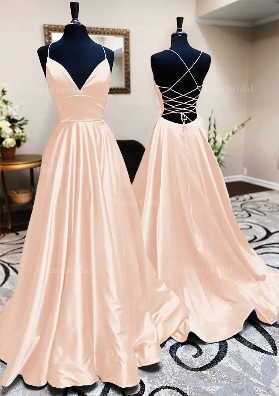 A-line V Neck Spaghetti Straps Long/Floor-Length Charmeuse Prom Dress With Pleated