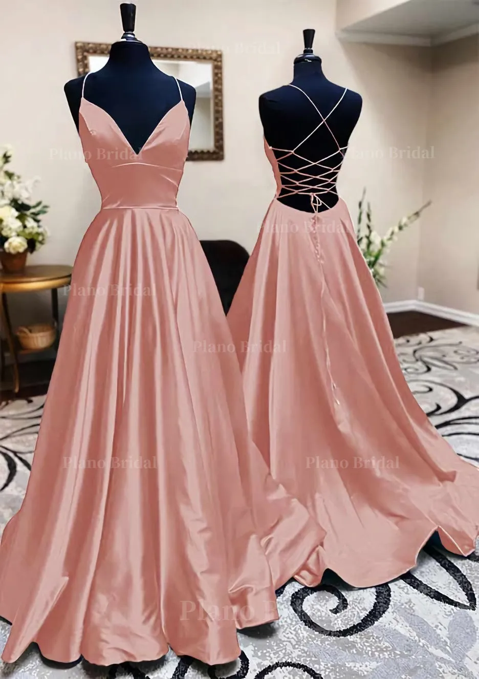 A-line V Neck Spaghetti Straps Long/Floor-Length Charmeuse Prom Dress With Pleated