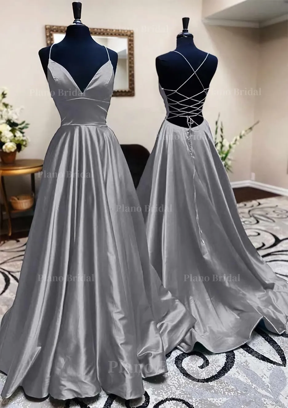 A-line V Neck Spaghetti Straps Long/Floor-Length Charmeuse Prom Dress With Pleated