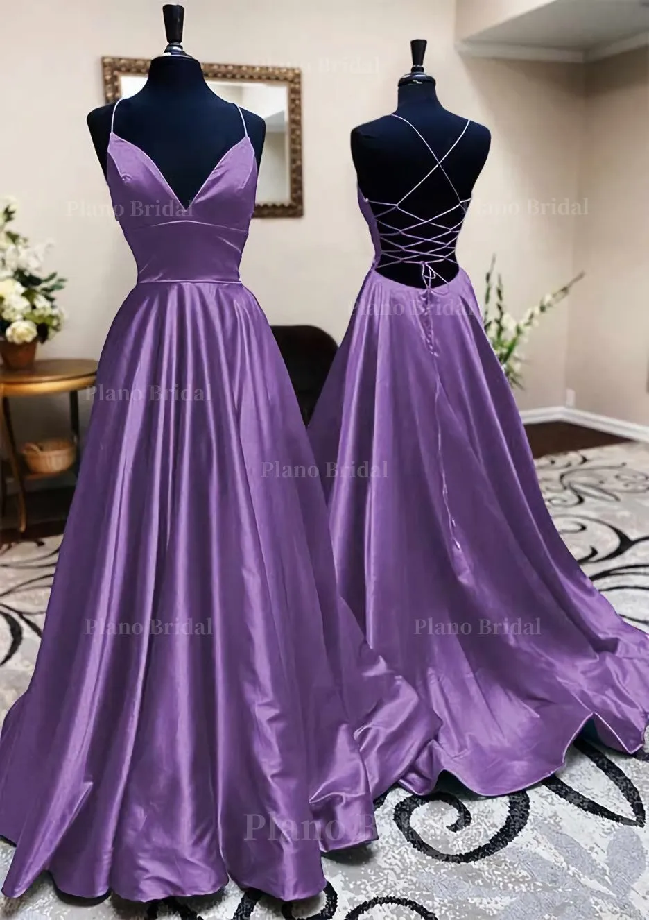 A-line V Neck Spaghetti Straps Long/Floor-Length Charmeuse Prom Dress With Pleated