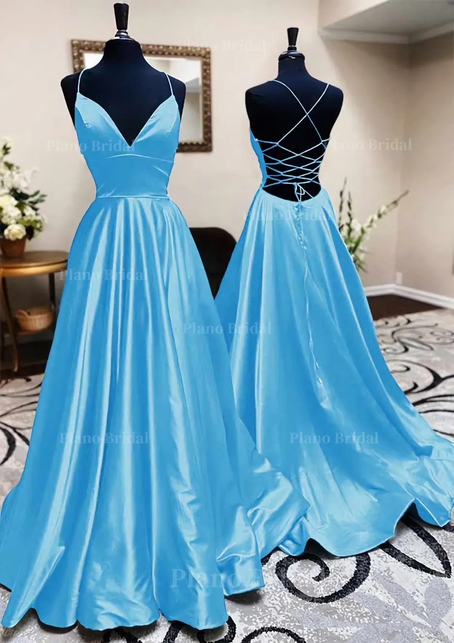 A-line V Neck Spaghetti Straps Long/Floor-Length Charmeuse Prom Dress With Pleated