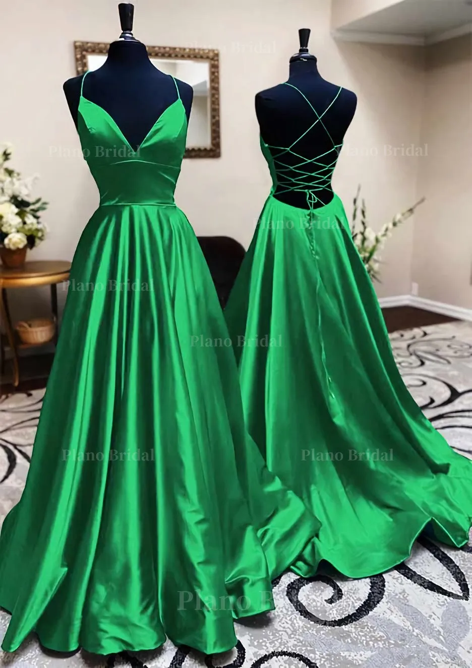 A-line V Neck Spaghetti Straps Long/Floor-Length Charmeuse Prom Dress With Pleated