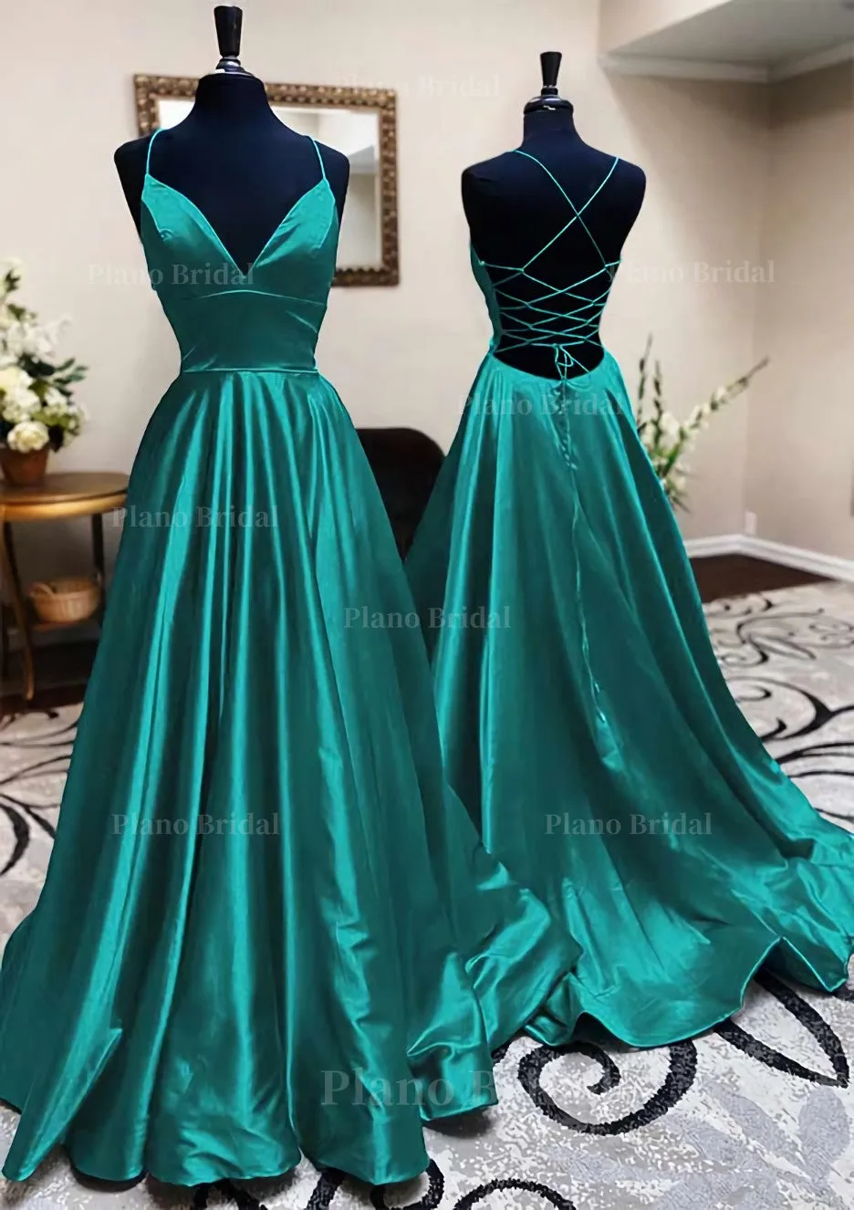 A-line V Neck Spaghetti Straps Long/Floor-Length Charmeuse Prom Dress With Pleated