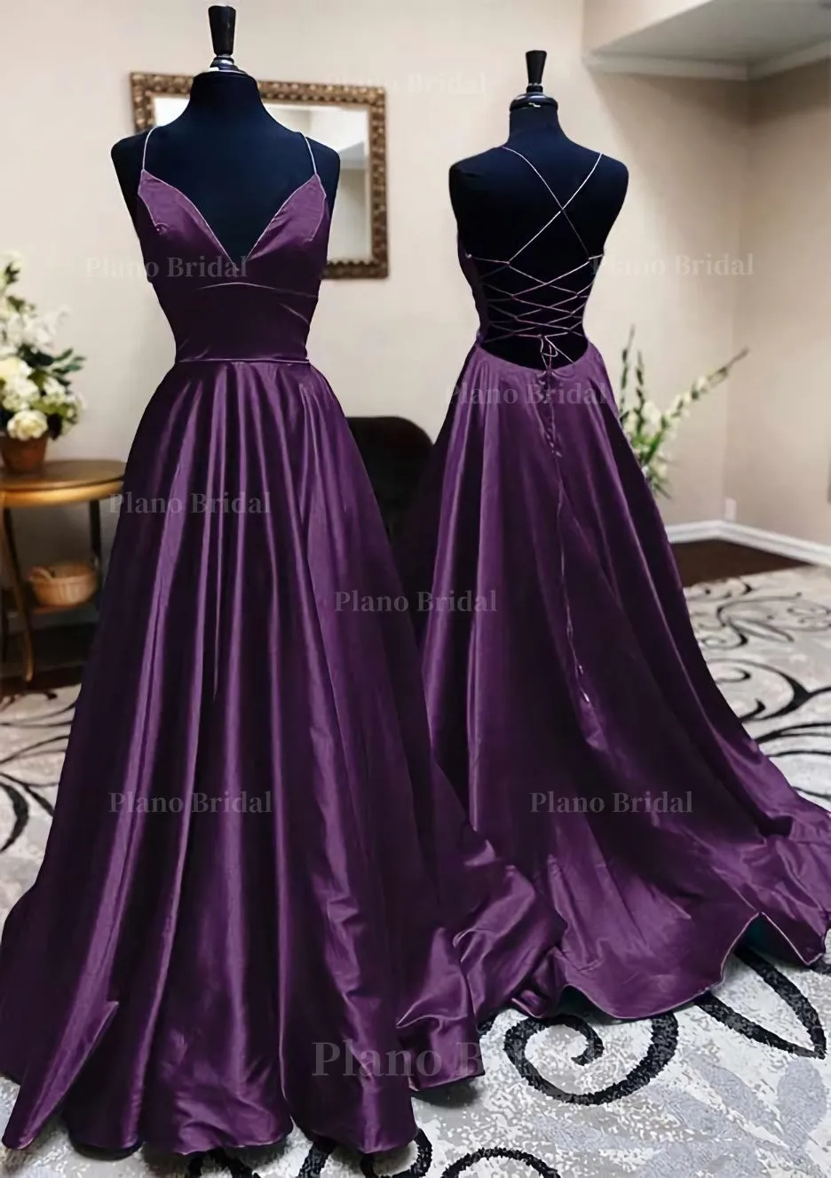 A-line V Neck Spaghetti Straps Long/Floor-Length Charmeuse Prom Dress With Pleated