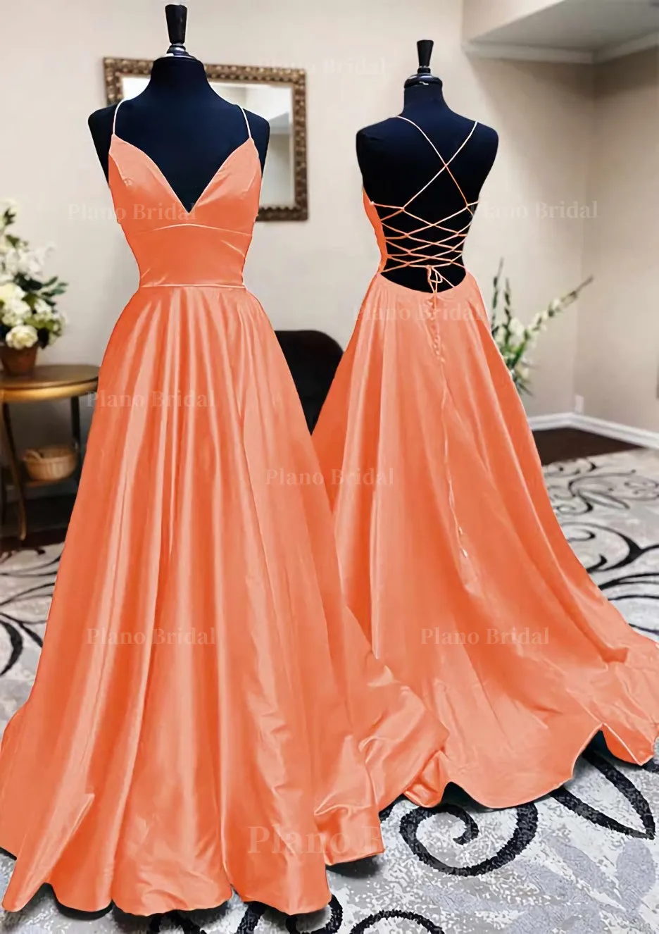 A-line V Neck Spaghetti Straps Long/Floor-Length Charmeuse Prom Dress With Pleated