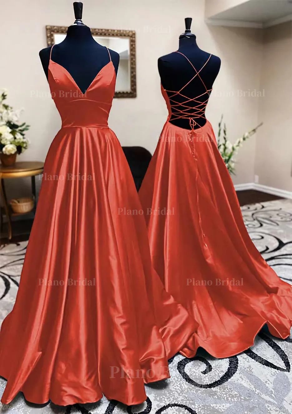 A-line V Neck Spaghetti Straps Long/Floor-Length Charmeuse Prom Dress With Pleated