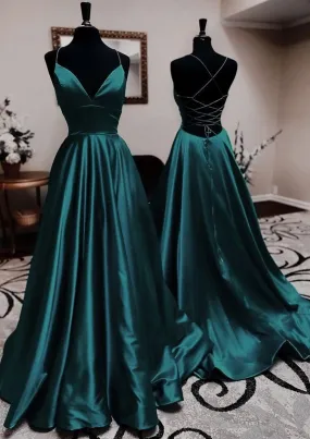 A-line V Neck Spaghetti Straps Long/Floor-Length Charmeuse Prom Dress With Pleated