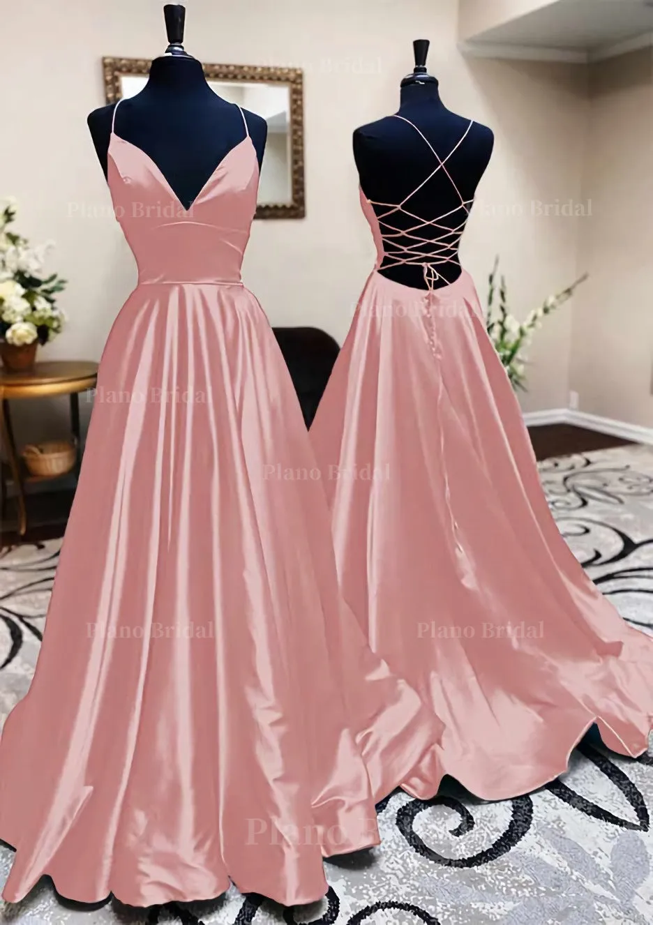 A-line V Neck Spaghetti Straps Long/Floor-Length Charmeuse Prom Dress With Pleated