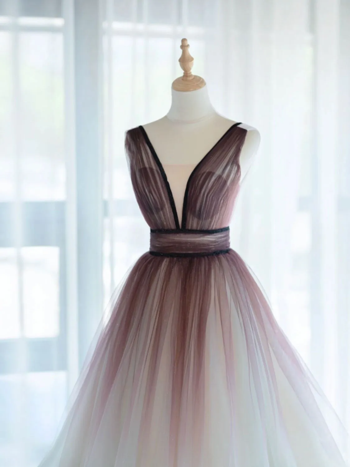 A-Line V Neck Tulle Long Brown Prom Dresses, Tulle Long Evening Dresses