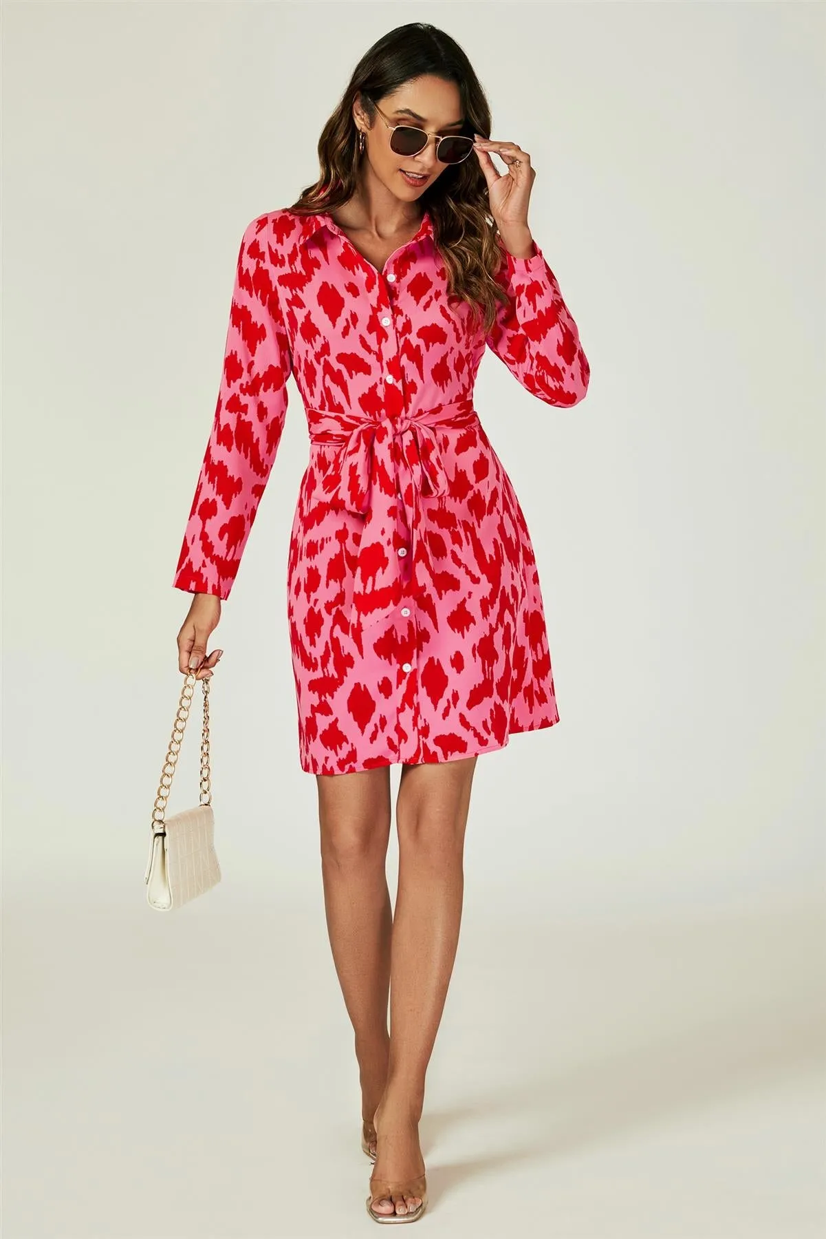 Abstract Print Shirt Mini Wrap Dress In Pink