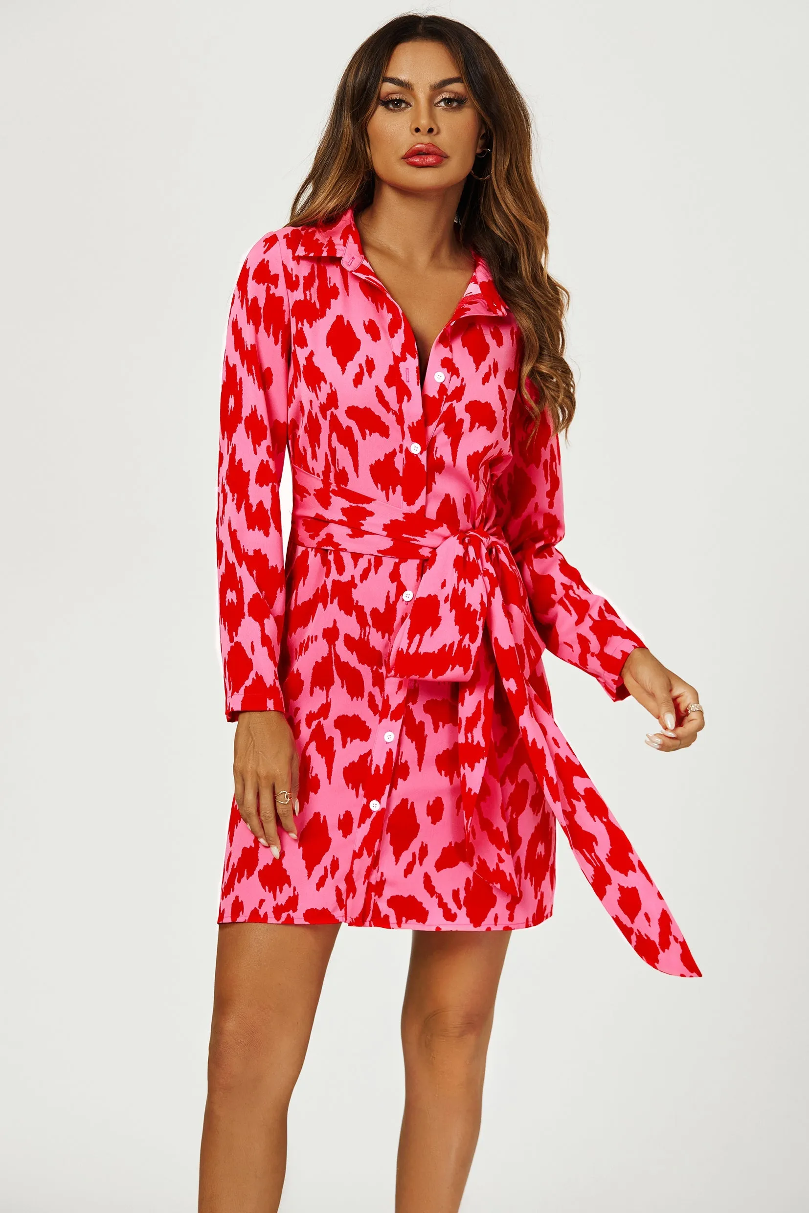 Abstract Print Shirt Mini Wrap Dress In Pink