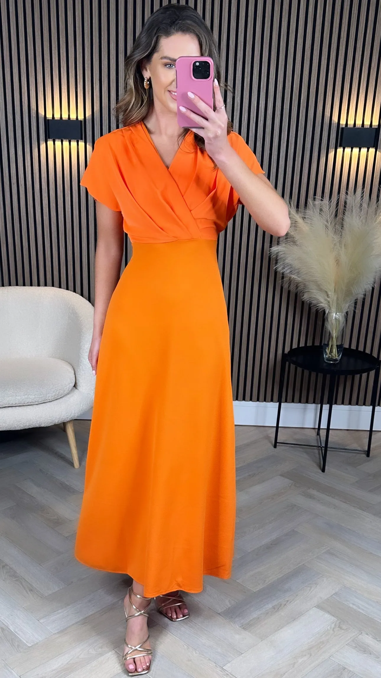 Ally Orange Wrap Detail Top Midi Dress