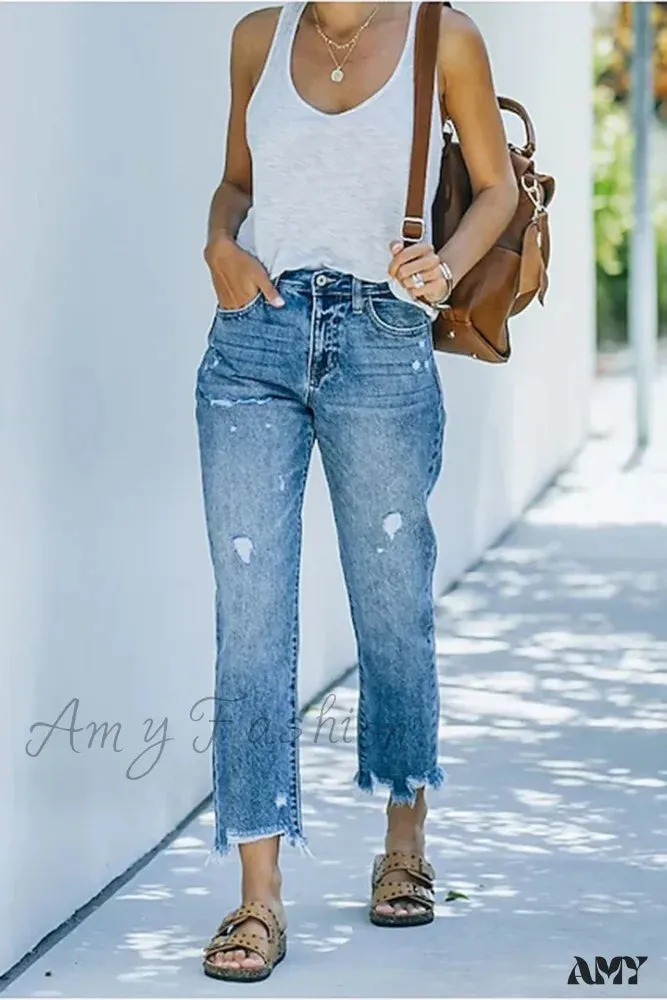 Amy Fashion - Trendy Casual Blue High Waist Streetwear Ripped Fashion Denim Jean