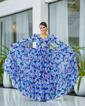 Appealing Blue Cutout Habesha Chiffon Dress: with Pink Floral Ethiopian Made Chiffon Dress