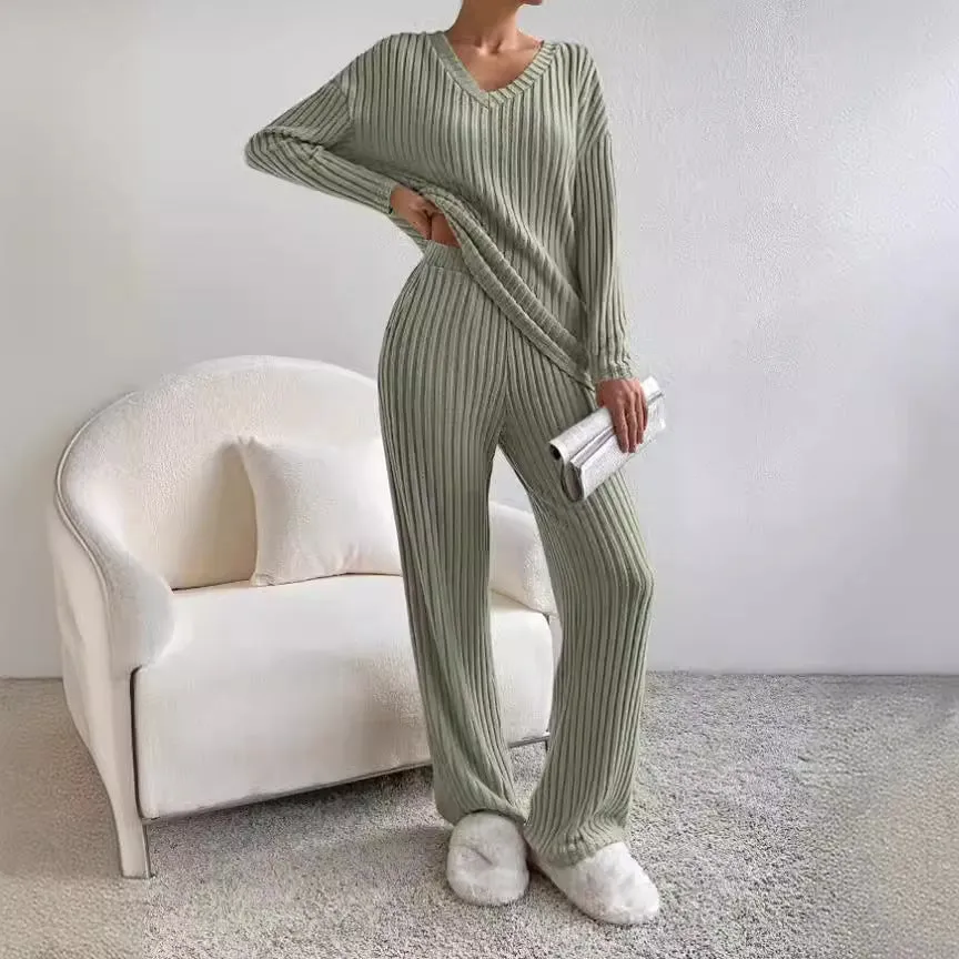 Autumn Winter New Two-Piece Fashion Casual Straight Pants Elegant Loose V-Neck Ribbed Knitted Set Suit