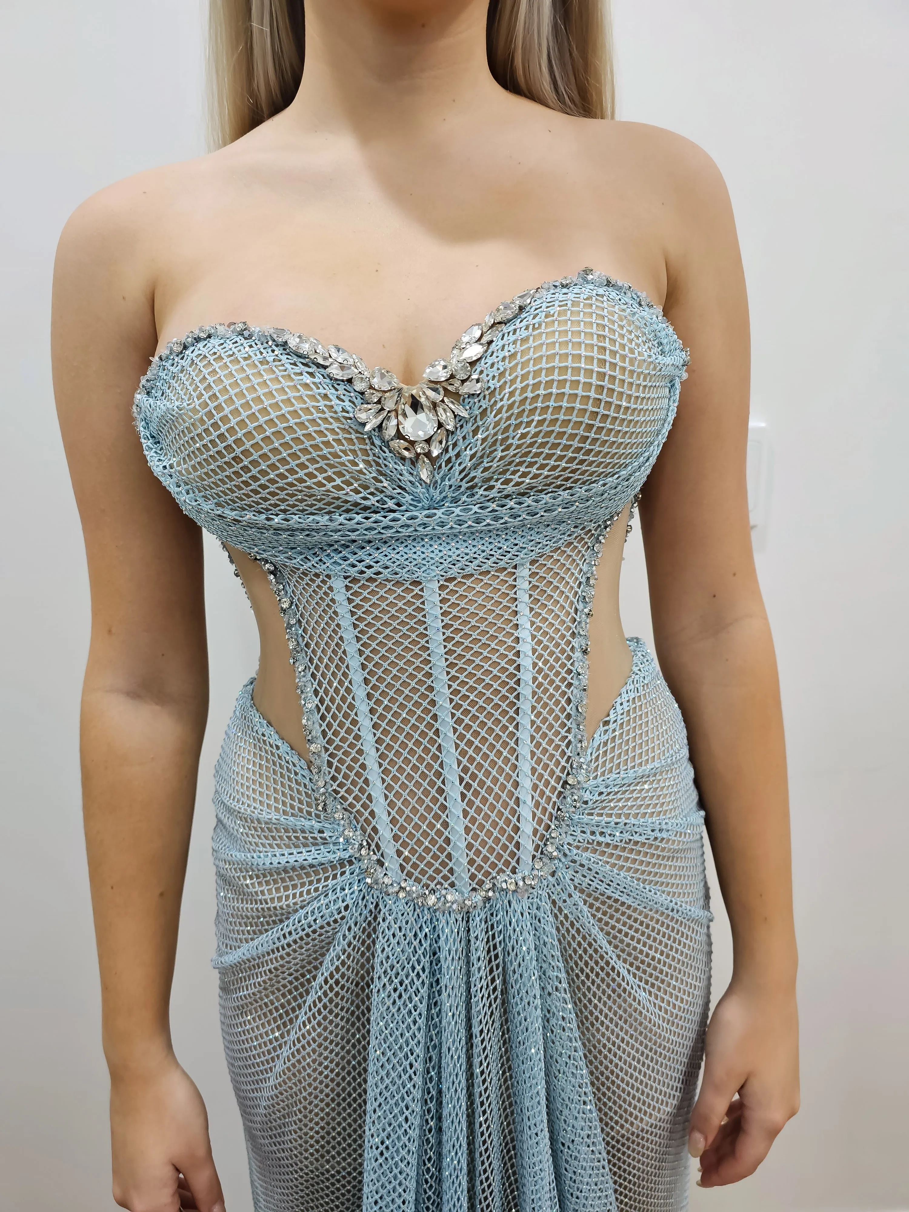 Baby blue crystal mesh bustier top with lace up back dress for hire