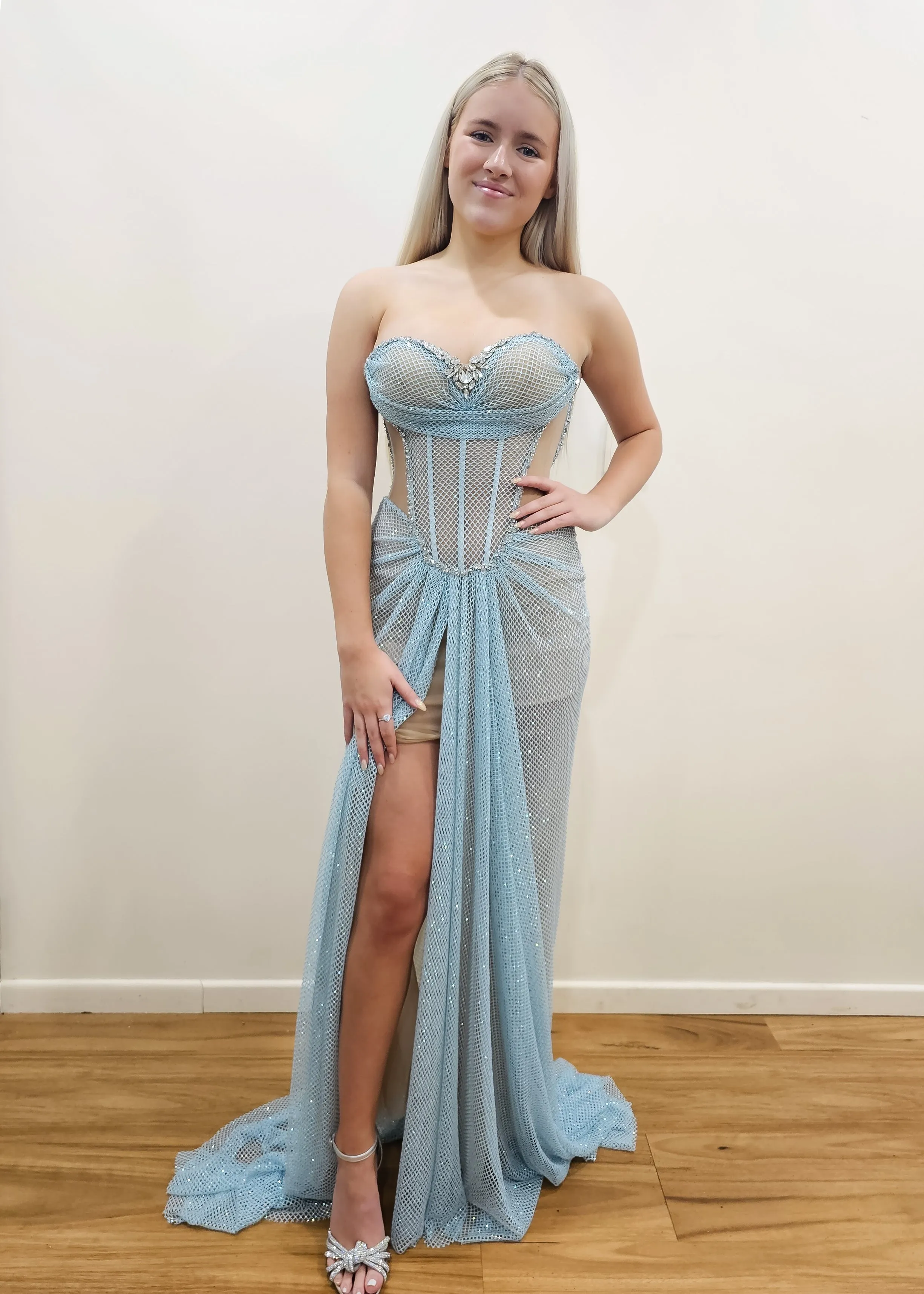 Baby blue crystal mesh bustier top with lace up back dress for hire