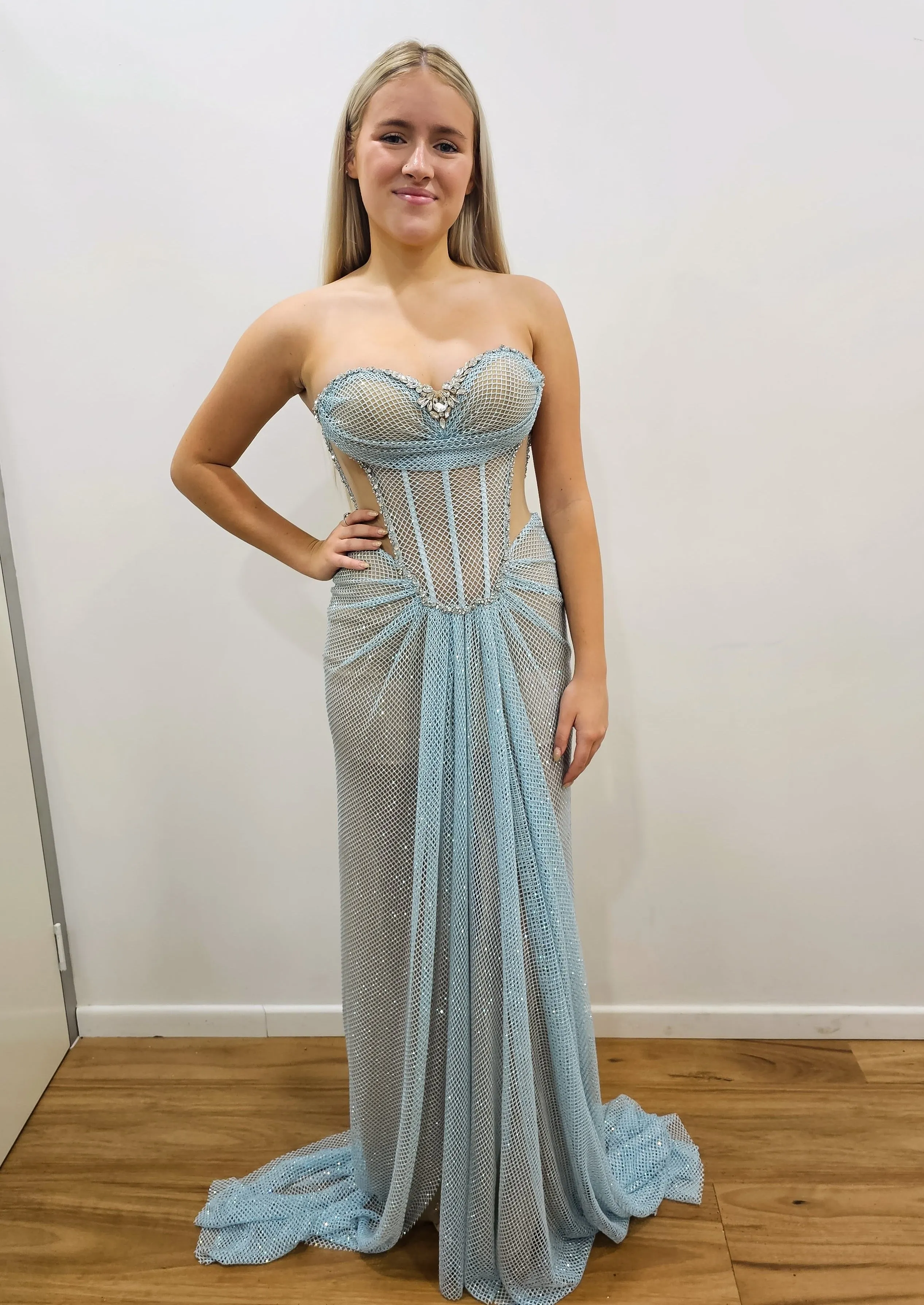 Baby blue crystal mesh bustier top with lace up back dress for hire