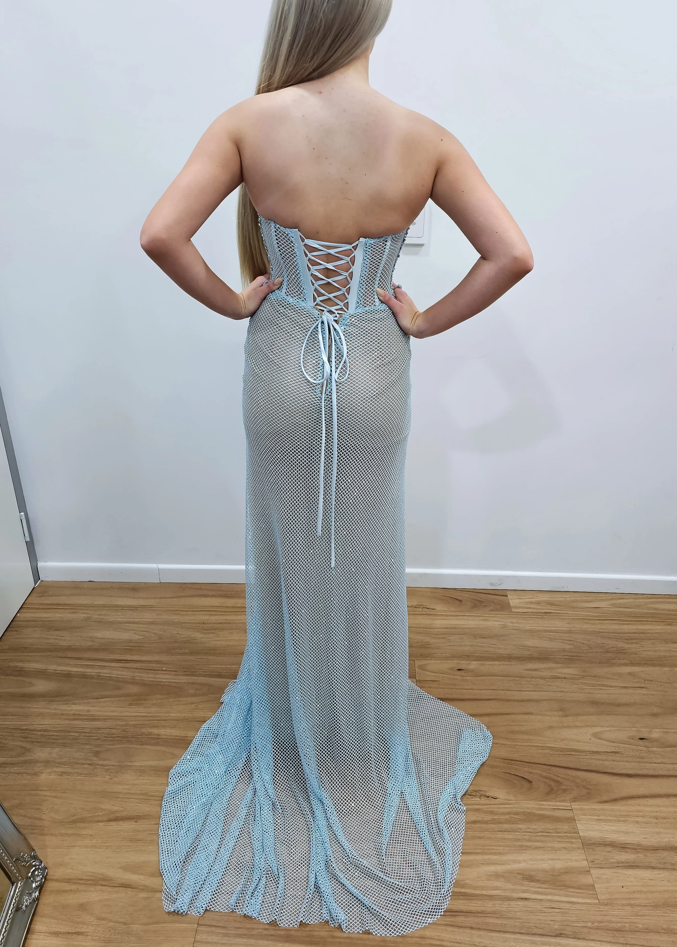 Baby blue crystal mesh bustier top with lace up back dress for hire