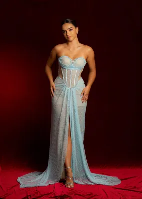 Baby blue crystal mesh bustier top with lace up back dress for hire