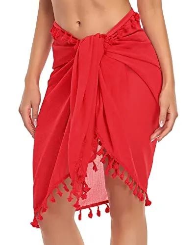 Beach Sarongs Swim Wrap Skirt Cover Up Tassels For Women-Red