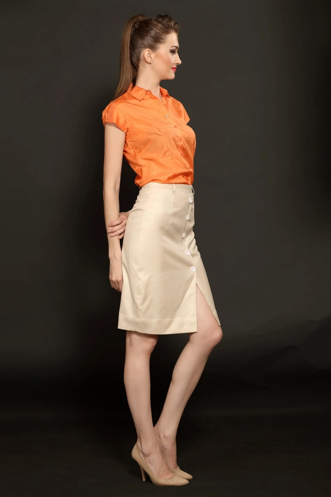 Beige Front Buttoned Skirt