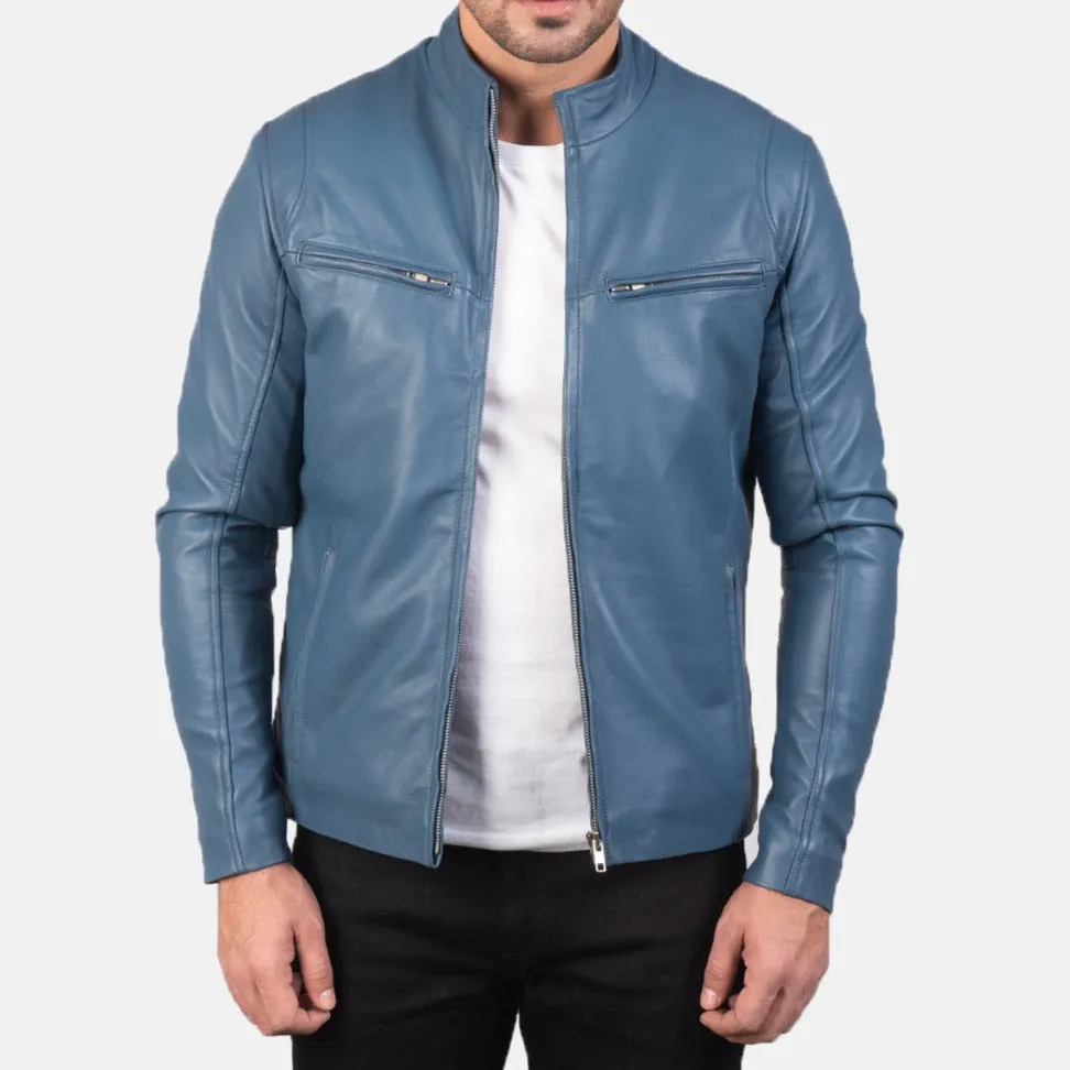 BIKER-1443 MUSH Blue Leather Biker Jacket