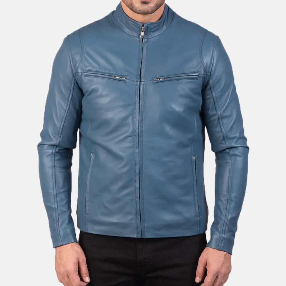 BIKER-1443 MUSH Blue Leather Biker Jacket