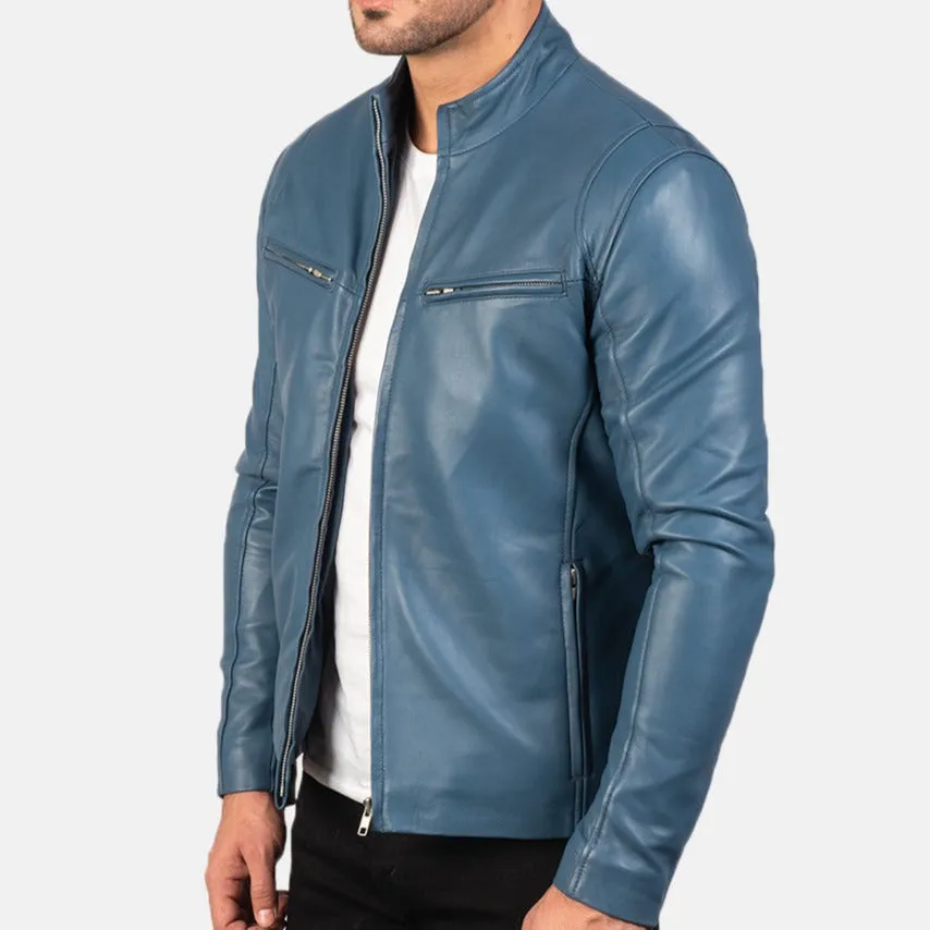 BIKER-1443 MUSH Blue Leather Biker Jacket