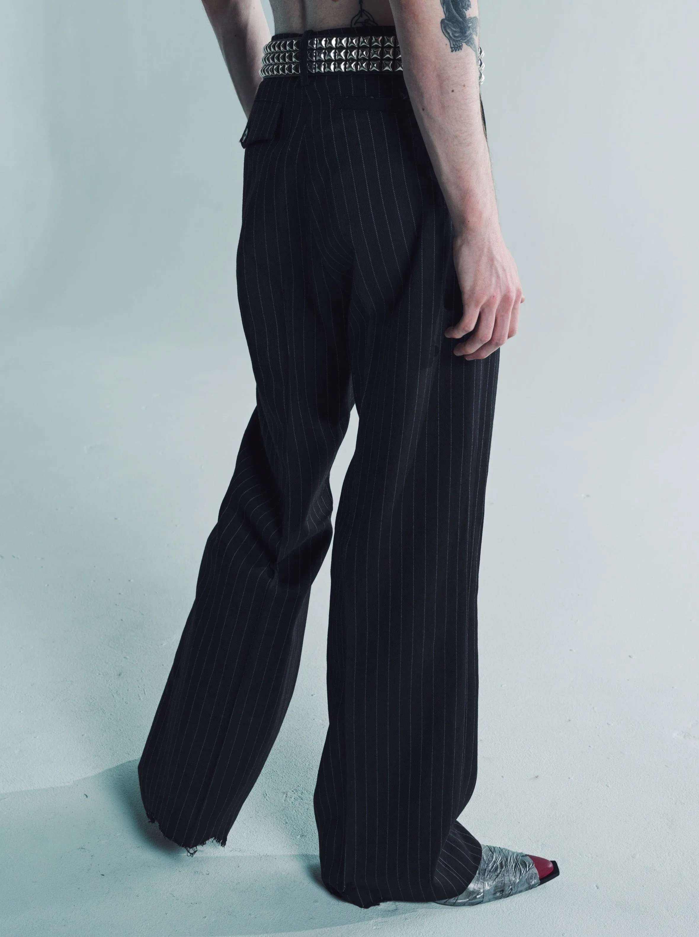 Black & White Pinstripe Wool Flare Trousers