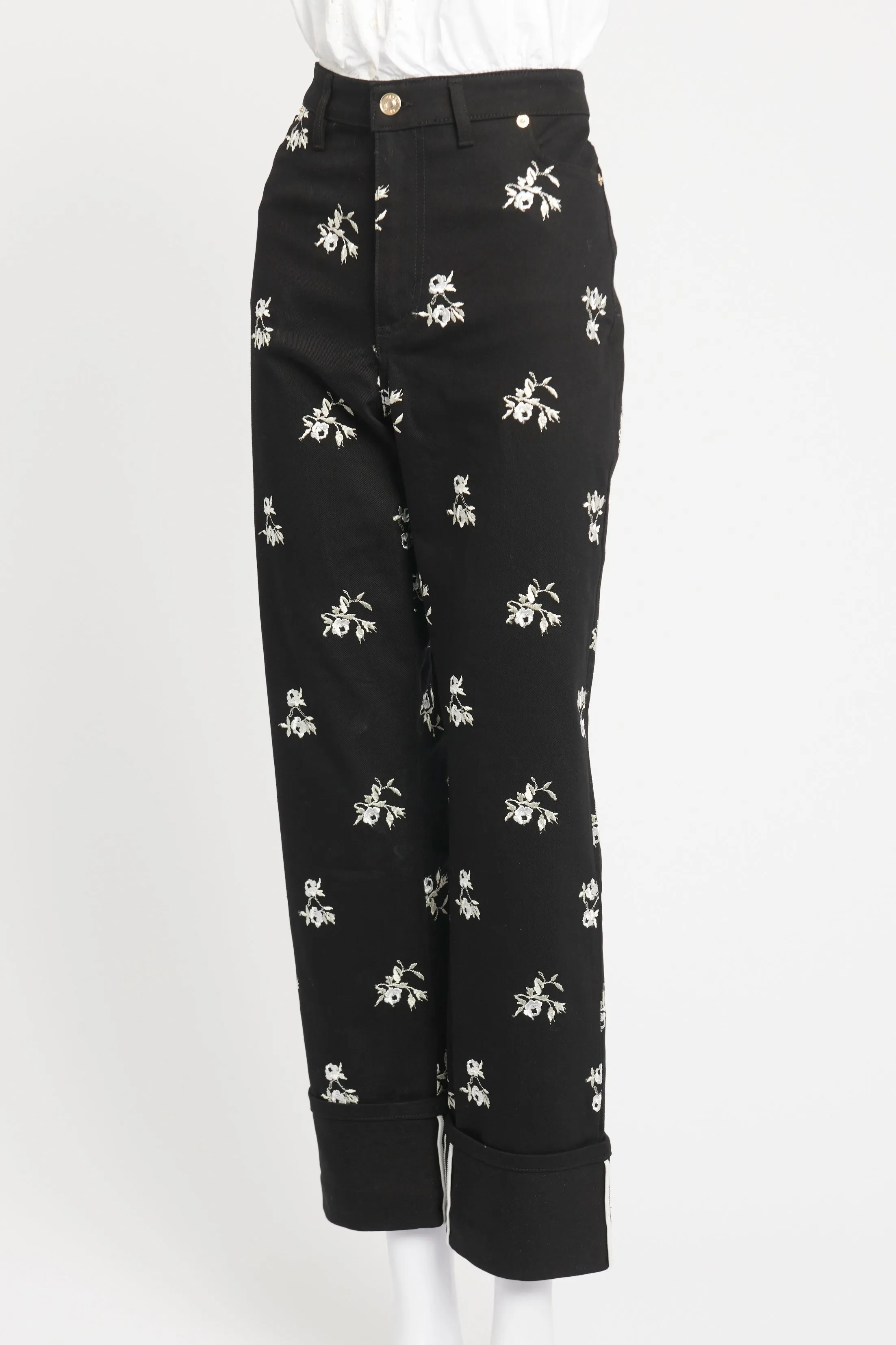 Black Cotton Floral Preowned Trousers