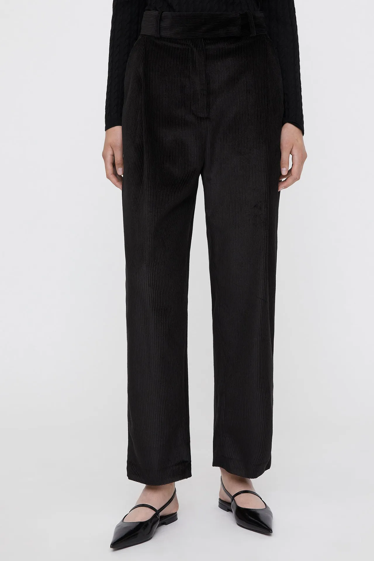 Black Deep Pleat Cord Trousers