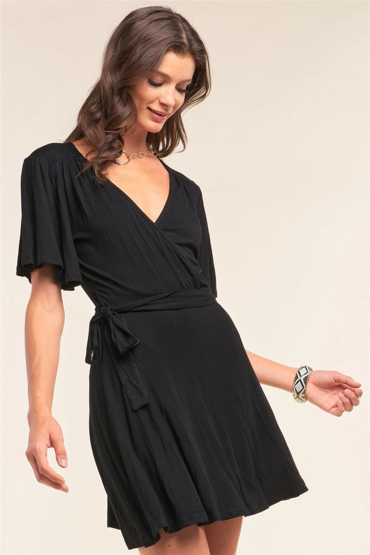 Black Deep Plunge V-Neck Self-Tie Wrap Flare Sleeve Mini Dress /1-2-2