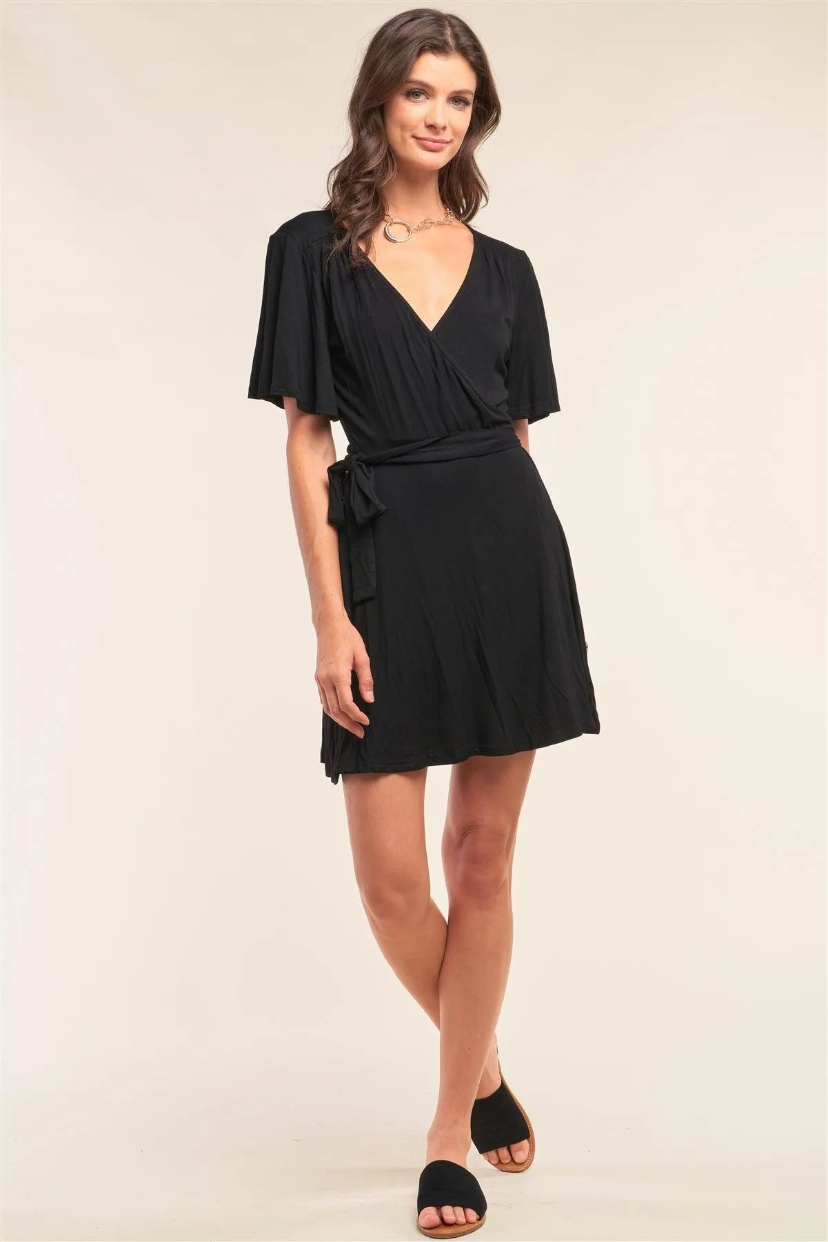 Black Deep Plunge V-Neck Self-Tie Wrap Flare Sleeve Mini Dress /1-2-2